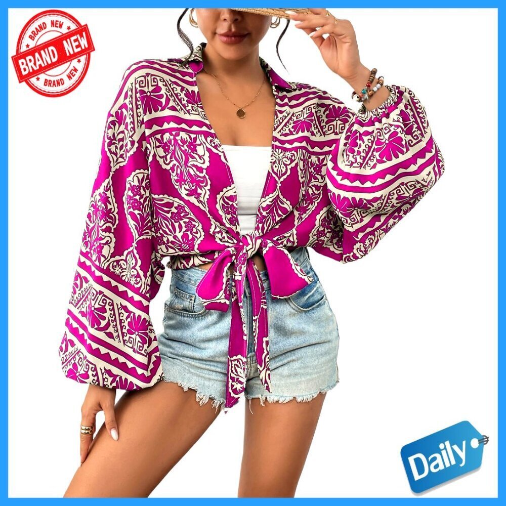 Women's Deep V Neck Tie Front Boho Blouse Long Lantern Sleeve Tunic Top